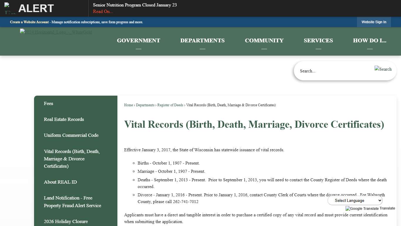 Vital Records (Birth, Death, Marriage, Divorce Certificates) Walworth County, WI